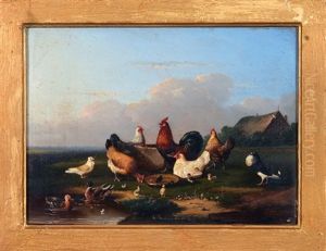 Chickens, Ducks, And Pigeons, With Thatch-roof Building In Background by Francois Vandeverdonck