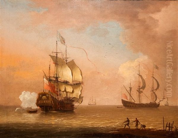 A Man-o-war Firing A Salute With Figures On The Shore Line - view 1