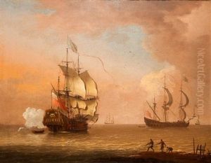 A Man-o-war Firing A Salute With Figures On The Shore Line by Adriaen Vandiest