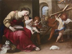 Maria Mit Kind Und Dem Johannesknaben, Dahinter Der Heilige Joseph Sowie Zwei Engel, Die Den Kreuzestod Ankundigen Maria Mit Kind Und Dem Johannesknaben, Dahinter Der Heilige Joseph Sowie Zwei Engel, Die Den Kreuzestod Ankundigen