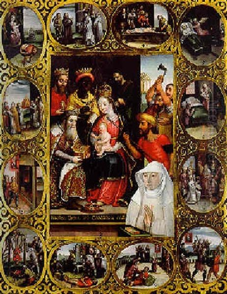 Religieuse En Priere Devant Une Representation De Notre Dame De Cambron, Entouree De Douze Medaillons Representant La Vie Des Saints - view 1