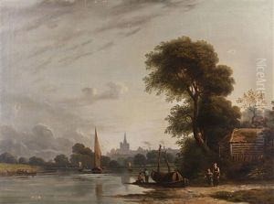 Figures On The Bank Of The River Thames by John Varley the Elder
