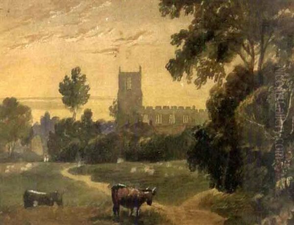 Sunset Landscape With Cows In Front Of A Castle - view 1