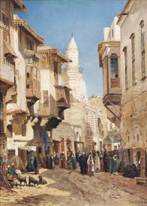 A Bustling Street Before The Mosque Of Emir Mindar, Cairo by John Varley the Younger