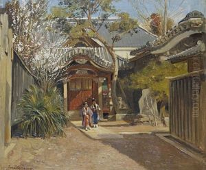 A Temple Courtyard (+ Figures Before A House; Pair) by John Varley the Younger