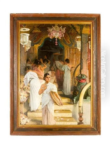 Indian Female Prayers With Flowers By A Temple Entrance - view 1