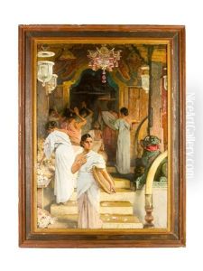 Indian Female Prayers With Flowers By A Temple Entrance