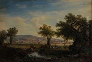 Panoramic View Of A Valley With Town by Giovanni (Johann) Varone
