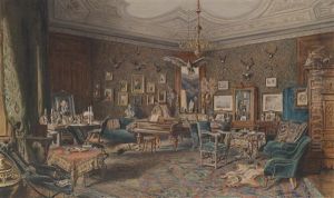 Herrschaftliches Interieur Mit Jagdtrophaen An Der Wand Herrschaftliches Interieur Mit Jagdtrophaen An Der Wand