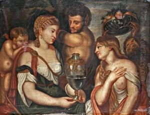 Psyche And Venus With Amor And The Satyrs by Alessandro Varotari