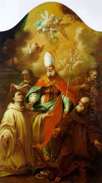 Santo Vescovo Con Pastorale, Attorniato Da Quattro Santi, Di Cui Uno Gli Porge Un Anello, E Con Un Aureola Di Puttini In Alto - view 1