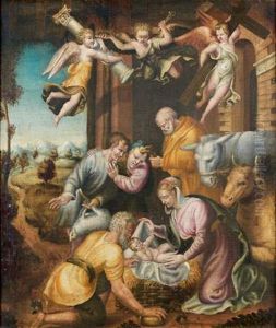 Adoration Des Bergers Avec Les Anges Tenant Les Instruments De La Passion