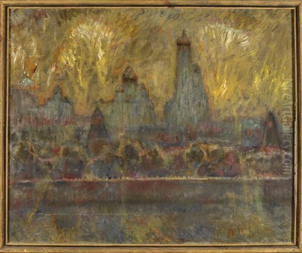 Stadtlandschaft Am Fluss Mit Feuerwerk - view 1