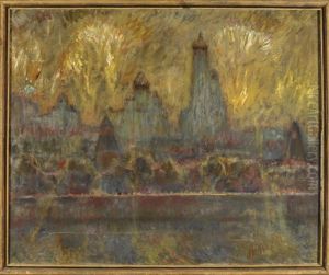 Stadtlandschaft Am Fluss Mit Feuerwerk