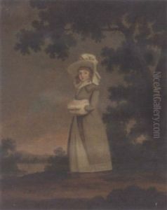 Portrait Of A Young Lady In A Bonnet And Olive Dress With A Hand-warmer, In An Extensive Landscape With A Lake And Manor Beyond
