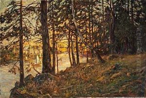 Huse Ved En Russisk Flod, Solnedgang by Appolinari Mikhailovich Vasnetsov