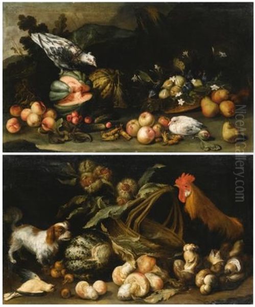 A Forest Floor Still Life With A Dog, A Cockerel, Horse Chestnuts And A Melon; A Forest Floor Still Life With Figs, Pears, Melons, Apricots And Cucumbers (pair) - view 1
