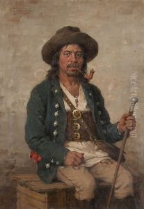 Bauerin Mit Blumen Auf Dem Feld (+ Bauer Mit Tracht; 2 Works) by Gyoergy Vastagh