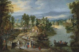 A Village Landscape With Elegant Figures Conversing On A Path
