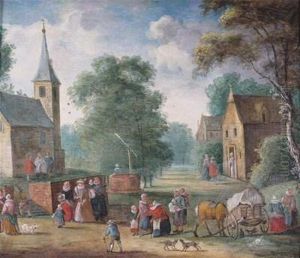 A Village Scene With Figures By A Horse And Cart, A Well And A Church Beyond by Jan Breughel