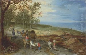 A Wooded Landscape With Peasants And Horse Carriages On Apath by Jan Breughel