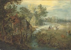 A River Landscape With Cottages, Figures And Cattle On A Bank by Jan Breughel