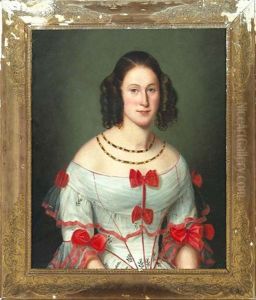 Portrait Of A Girl In A White Dress Adorned With Red Bows