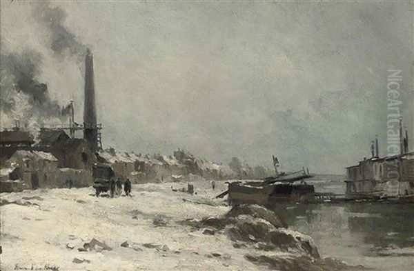 Figures By A Factory On A River, Winter - view 1
