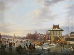 Extensive Winter Landscape With Numerous Figures On A Frozen Lakeby A Pavillion