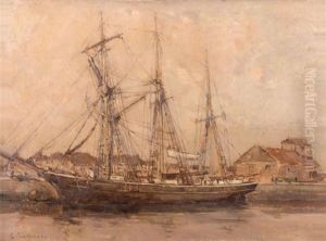 Trois-mats A Quai by Ernest Germain Vauthrin
