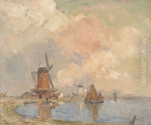 Uferpartie Mit Windmuhlen by Ernest Germain Vauthrin