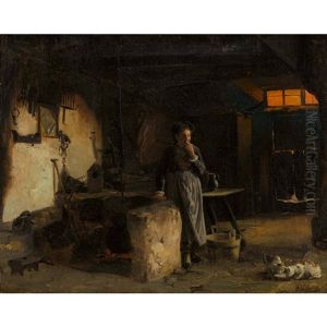 Kucheninterieur Mit In Gedanken Versunkener Magd by Marc Louis Benjamin Vautier the Elder