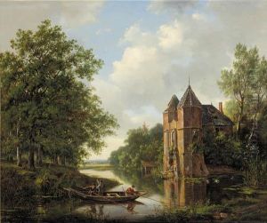 A Riverlandscape With Anglers In A Rowingboat By A Ruined Mansion