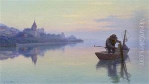 Grandson Am Neuenburgersee Mit Einem Fischer Im Vordergrund by Alexis Vautier