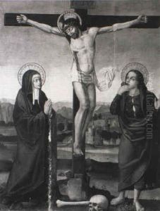 Christ On The Cross With The Madonna And St. John The Evangelist by Antonio Vazquez