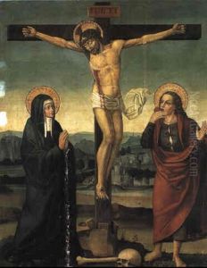Christ On The Cross With The Madonna And St. John by Antonio Vazquez