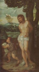 Der Heilige Sebastian Und Johannes Der Taufer Als Knabe Vor Einer Landschaft by Francesco Vecellio