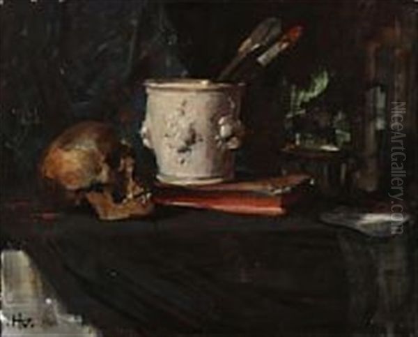 Still Life With Paint Brushes And A Skull - view 1