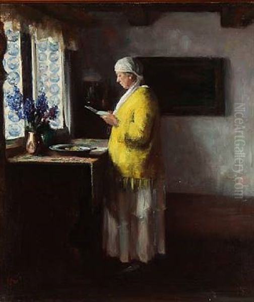 Interior With A Standing Woman Dressed In A Yellow Shirt And Blue Tiles In The Window, Presumably From The Frisian Islands - view 1