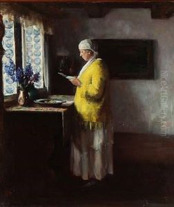 Interior With A Standing Woman Dressed In A Yellow Shirt And Blue Tiles In The Window, Presumably From The Frisian Islands by Herman Albert Gude Vedel