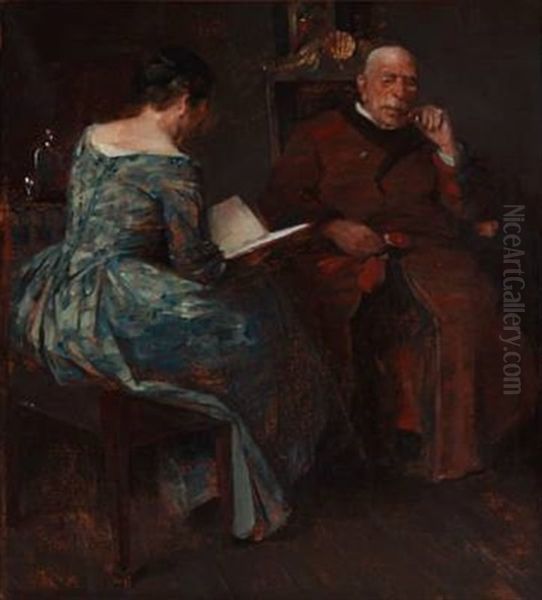 Evening Atmosphere In A Living Room, Where A Lady Is Reading For A Man - view 1