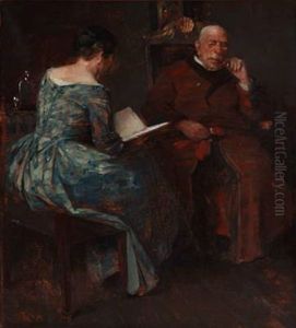Evening Atmosphere In A Living Room, Where A Lady Is Reading For A Man by Herman Albert Gude Vedel