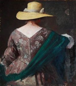 Back-turned Lady With A Yellow Summer Hat, Flowered Dress And Green Shawl by Herman Albert Gude Vedel