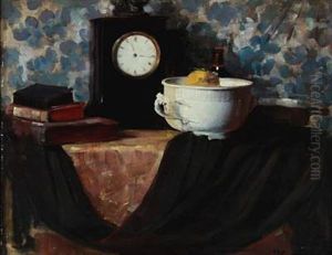Still Life With Book, Fruit Bowl And Clock On A Table by Herman Albert Gude Vedel