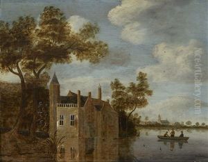 Flusslandschaft, Links Ein Gebaude Am Ufer, Im Hintergrund Ausblick Auf Ein Dorf by Balthasar Van Der Veen