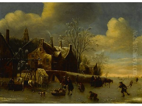 A Winter Landscape With Figures On A Frozen River - view 1