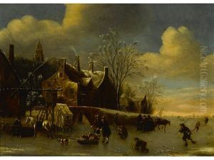 A Winter Landscape With Figures On A Frozen River by Balthasar Van Der Veen