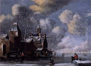 A Winter Landscape With Figures Near City Walls, A Church Tower Beyond