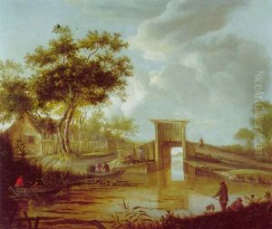 Hollandische, Brauntonige Landschaft Mit Brucke, Bauernhaus Und Fischern by Balthasar Van Der Veen