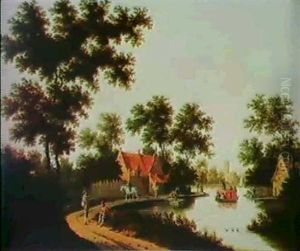 Paysage Fluvial Anime Avec Bac, Villageois Et Cavaliers by Balthasar Van Der Veen